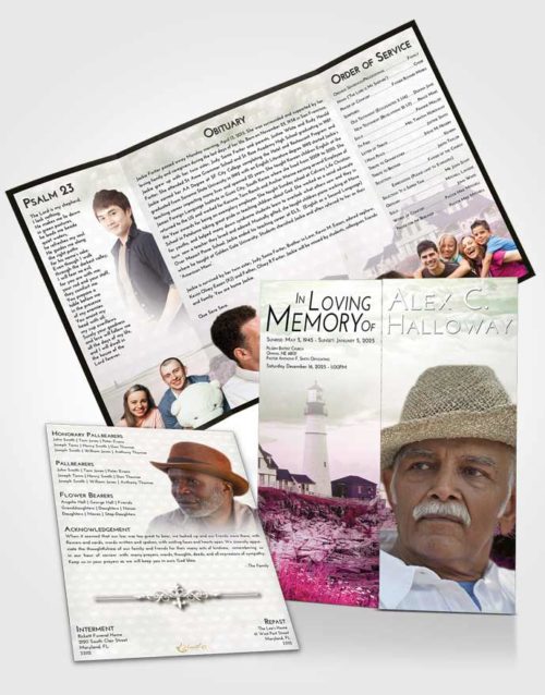Obituary Funeral Template Gatefold Memorial Brochure Emerald Sunrise Lighthouse Secret