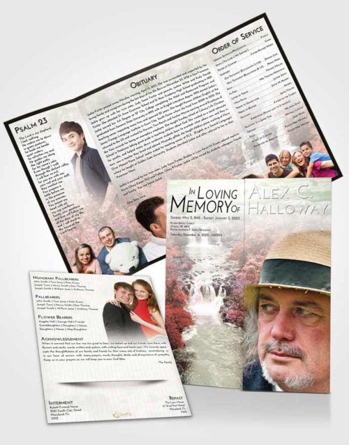 Obituary Funeral Template Gatefold Memorial Brochure Emerald Sunrise Waterfall Liberty