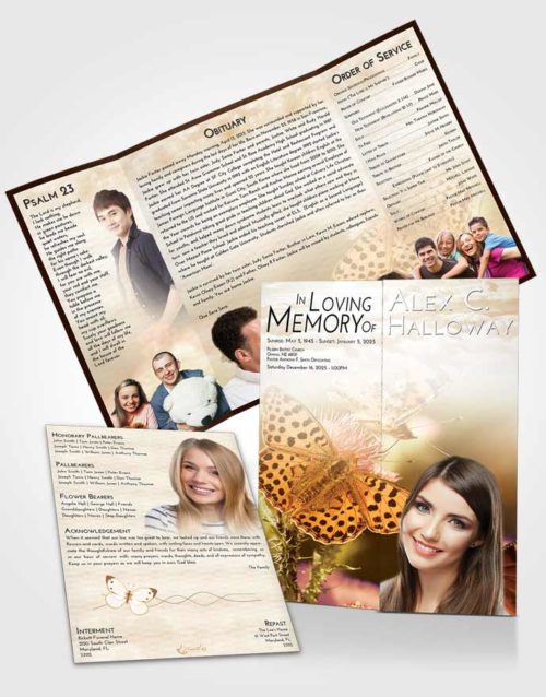Obituary Funeral Template Gatefold Memorial Brochure Golden Butterfly Peace