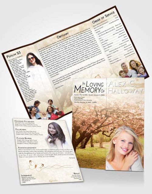 Obituary Funeral Template Gatefold Memorial Brochure Golden Flowering Path