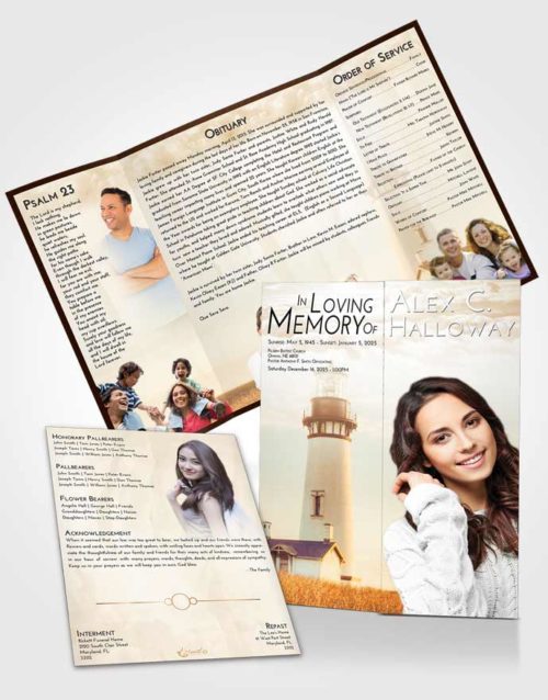 Obituary Funeral Template Gatefold Memorial Brochure Golden Lighthouse Clarity