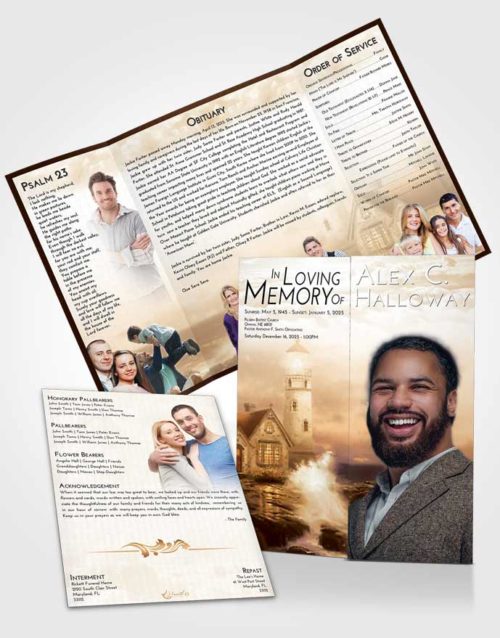 Obituary Funeral Template Gatefold Memorial Brochure Golden Lighthouse Lookout