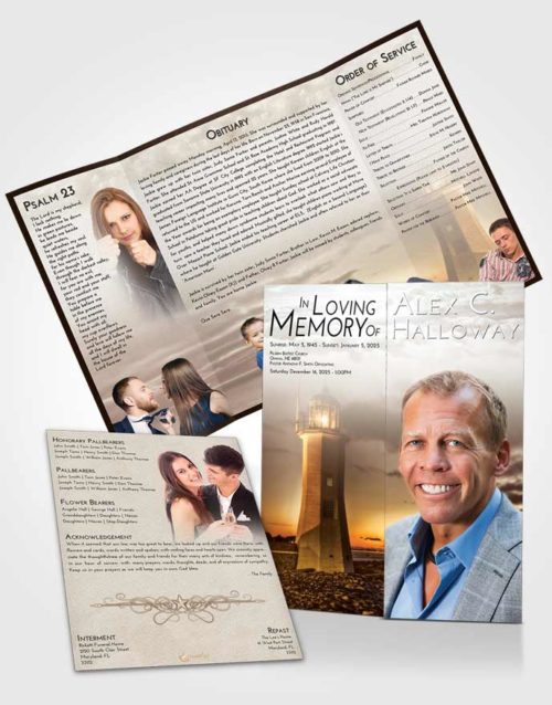 Obituary Funeral Template Gatefold Memorial Brochure Golden Lighthouse Magnificence