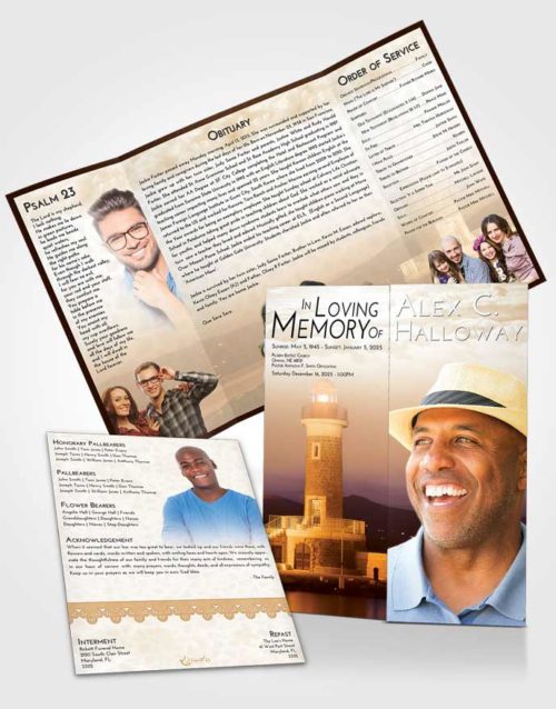 Obituary Funeral Template Gatefold Memorial Brochure Golden Lighthouse Majesty