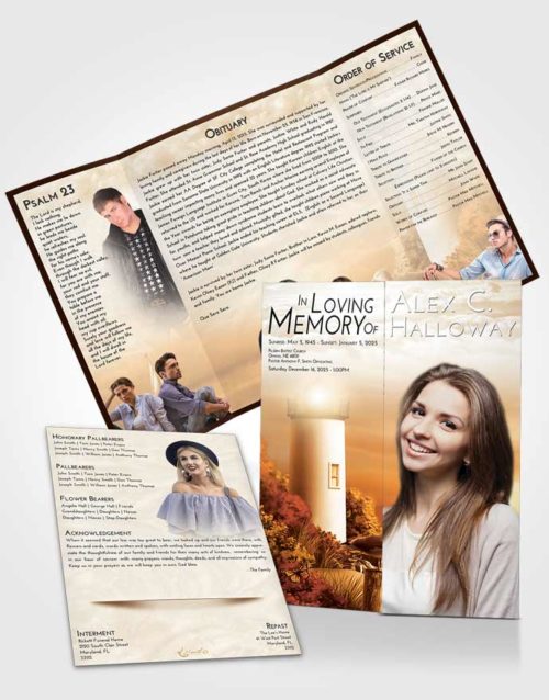 Obituary Funeral Template Gatefold Memorial Brochure Golden Lighthouse Mystery