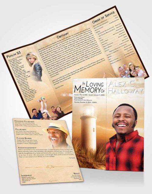 Obituary Funeral Template Gatefold Memorial Brochure Golden Lighthouse Serenity
