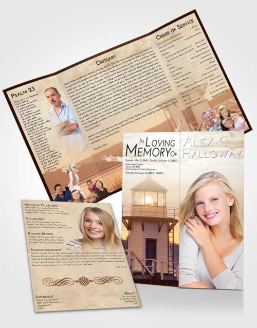 Obituary Funeral Template Gatefold Memorial Brochure Golden Lighthouse Surprise