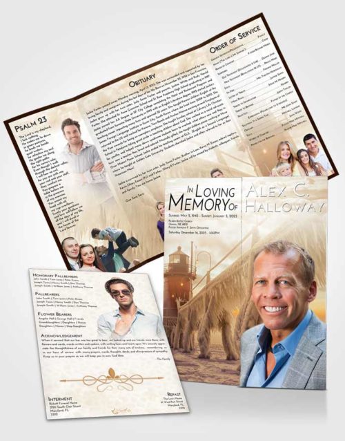 Obituary Funeral Template Gatefold Memorial Brochure Golden Lighthouse Tranquility
