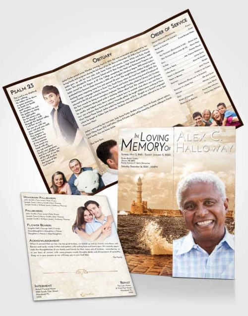Obituary Funeral Template Gatefold Memorial Brochure Golden Lighthouse in the Tides