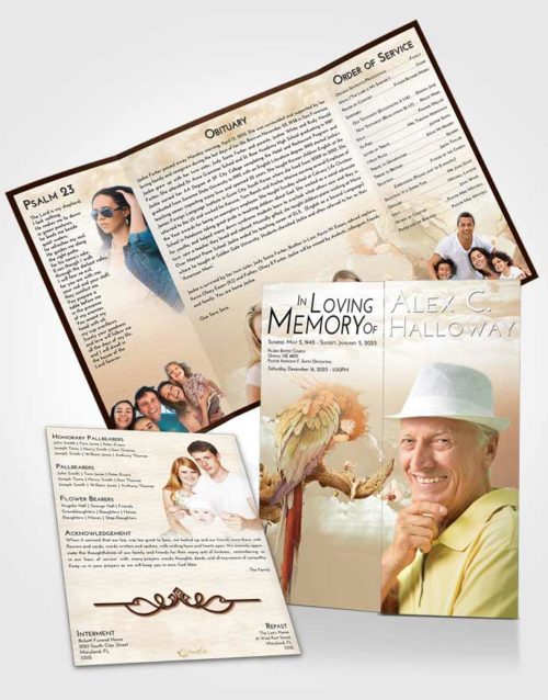 Obituary Funeral Template Gatefold Memorial Brochure Golden Magical Parrot