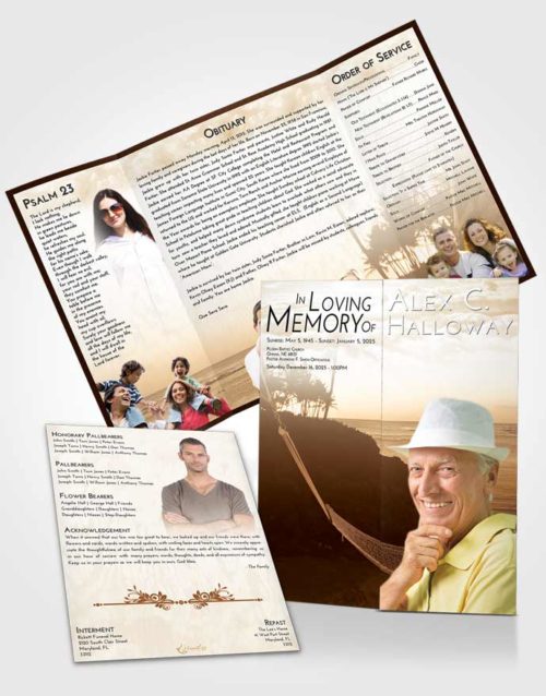 Obituary Funeral Template Gatefold Memorial Brochure Golden Sunset in a Hammock