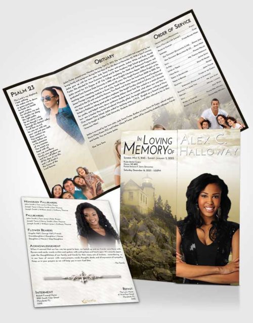 Obituary Funeral Template Gatefold Memorial Brochure Harmony Lighthouse on the Rocks