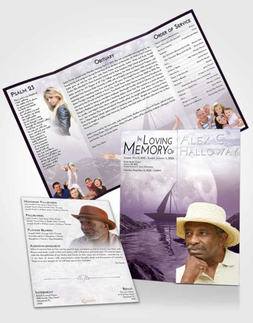 Obituary Funeral Template Gatefold Memorial Brochure Lavender Sunrise Calm Waters