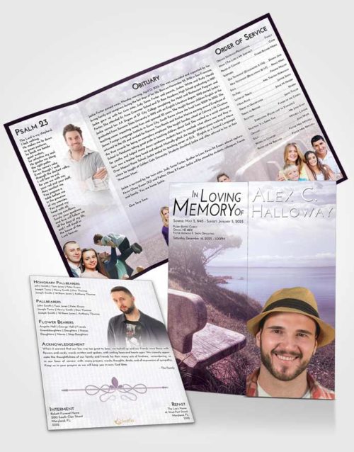 Obituary Funeral Template Gatefold Memorial Brochure Lavender Sunrise Coastal Gaze