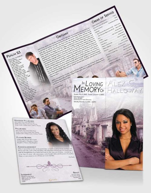 Obituary Funeral Template Gatefold Memorial Brochure Lavender Sunrise European Home