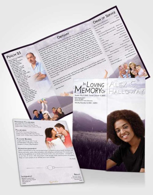 Obituary Funeral Template Gatefold Memorial Brochure Lavender Sunrise Graceful Mountains