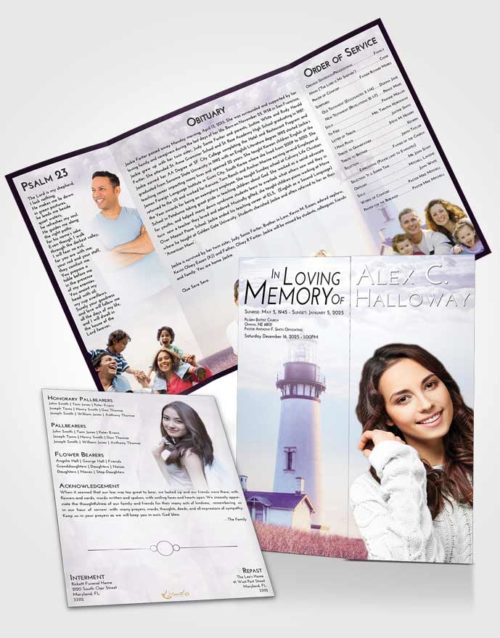 Obituary Funeral Template Gatefold Memorial Brochure Lavender Sunrise Lighthouse Clarity