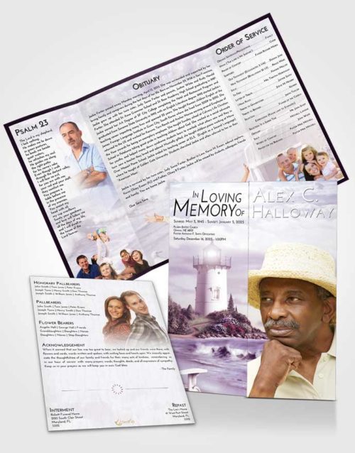Obituary Funeral Template Gatefold Memorial Brochure Lavender Sunrise Lighthouse Laughter