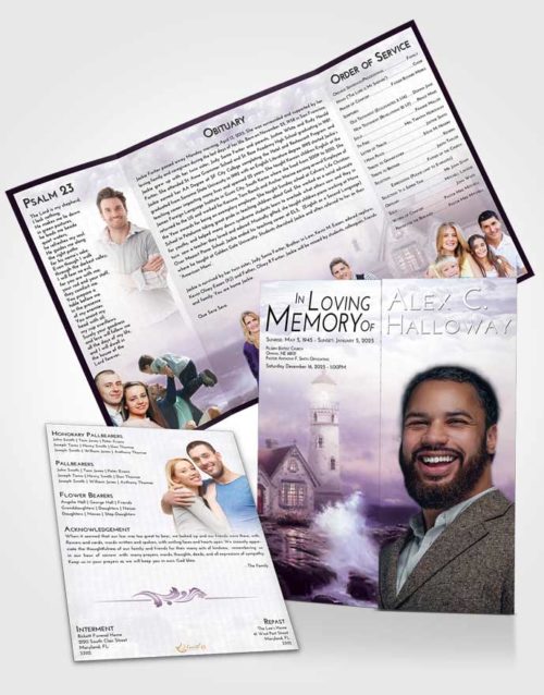 Obituary Funeral Template Gatefold Memorial Brochure Lavender Sunrise Lighthouse Lookout