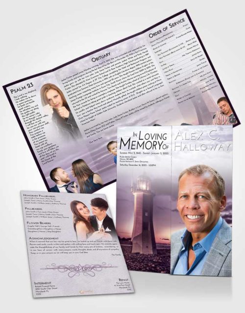 Obituary Funeral Template Gatefold Memorial Brochure Lavender Sunrise Lighthouse Magnificence