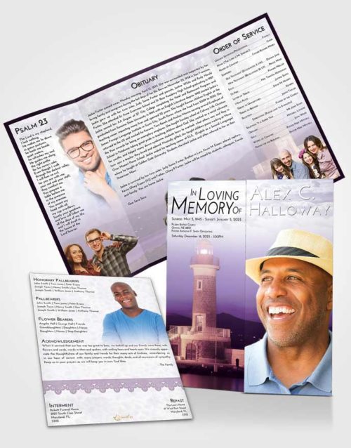 Obituary Funeral Template Gatefold Memorial Brochure Lavender Sunrise Lighthouse Majesty