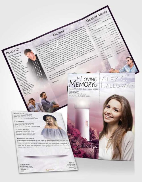 Obituary Funeral Template Gatefold Memorial Brochure Lavender Sunrise Lighthouse Mystery