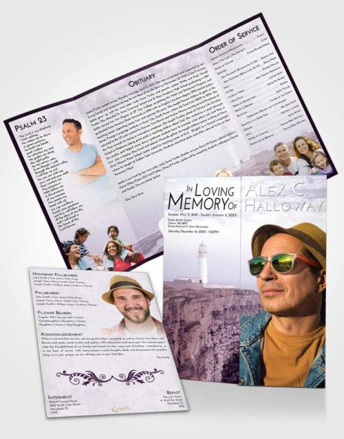 Obituary Funeral Template Gatefold Memorial Brochure Lavender Sunrise Lighthouse Point