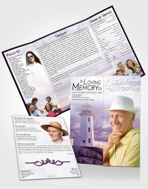 Obituary Funeral Template Gatefold Memorial Brochure Lavender Sunrise Lighthouse Safety