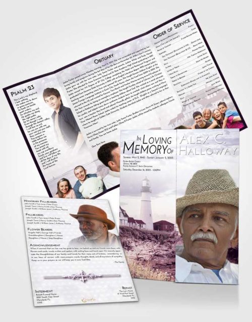 Obituary Funeral Template Gatefold Memorial Brochure Lavender Sunrise Lighthouse Secret