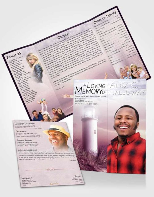Obituary Funeral Template Gatefold Memorial Brochure Lavender Sunrise Lighthouse Serenity