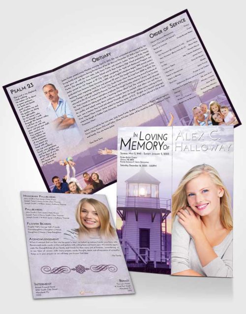 Obituary Funeral Template Gatefold Memorial Brochure Lavender Sunrise Lighthouse Surprise