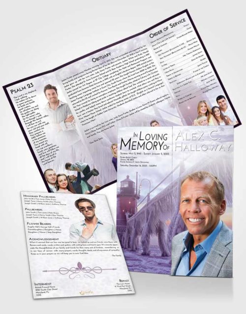 Obituary Funeral Template Gatefold Memorial Brochure Lavender Sunrise Lighthouse Tranquility
