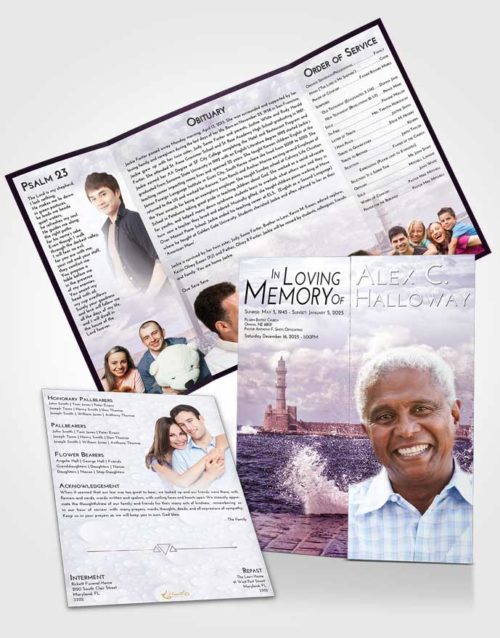Obituary Funeral Template Gatefold Memorial Brochure Lavender Sunrise Lighthouse in the Tides