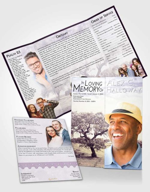Obituary Funeral Template Gatefold Memorial Brochure Lavender Sunrise Loving Leaves