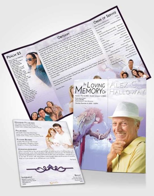 Obituary Funeral Template Gatefold Memorial Brochure Lavender Sunrise Magical Parrot