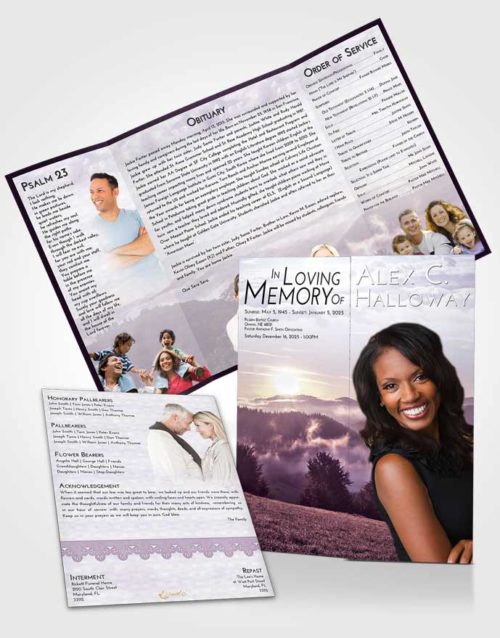 Obituary Funeral Template Gatefold Memorial Brochure Lavender Sunrise Misty Forest