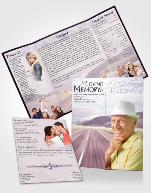 Obituary Funeral Template Gatefold Memorial Brochure Lavender Sunrise Morning Highway
