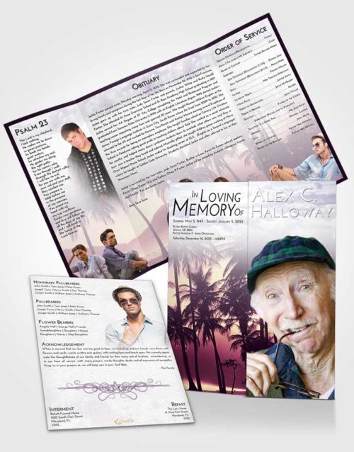 Obituary Funeral Template Gatefold Memorial Brochure Lavender Sunrise Palm Paradise