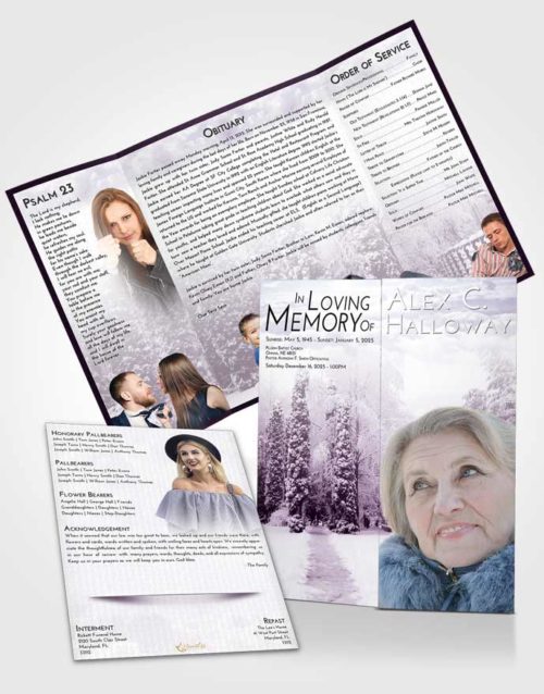 Obituary Funeral Template Gatefold Memorial Brochure Lavender Sunrise Snow Garden