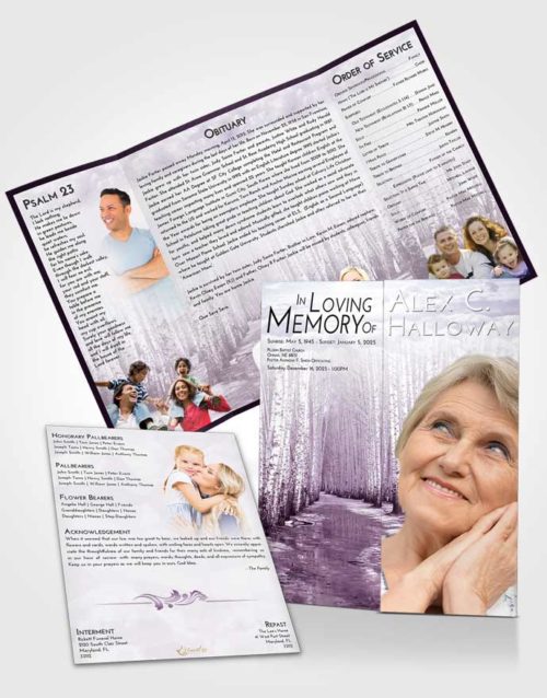 Obituary Funeral Template Gatefold Memorial Brochure Lavender Sunrise Snowy Stream