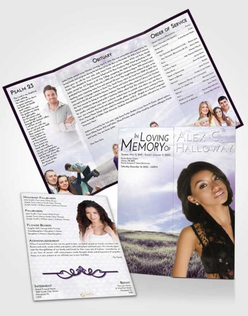 Obituary Funeral Template Gatefold Memorial Brochure Lavender Sunrise Summer Fields