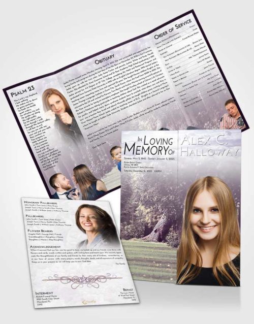 Obituary Funeral Template Gatefold Memorial Brochure Lavender Sunrise Summer Forest