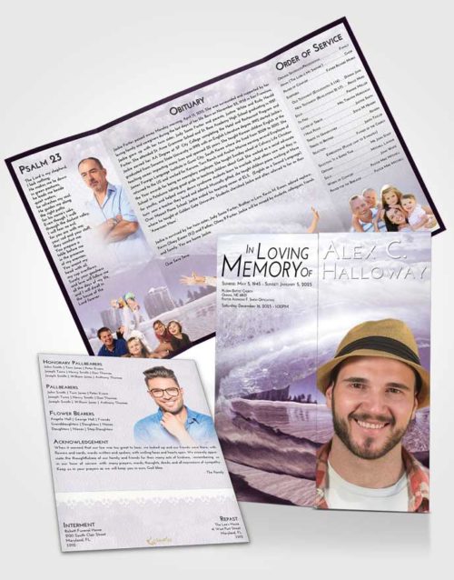 Obituary Funeral Template Gatefold Memorial Brochure Lavender Sunrise Summer Waves