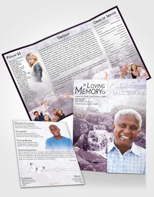 Obituary Funeral Template Gatefold Memorial Brochure Lavender Sunrise Waterfall Masterpiece