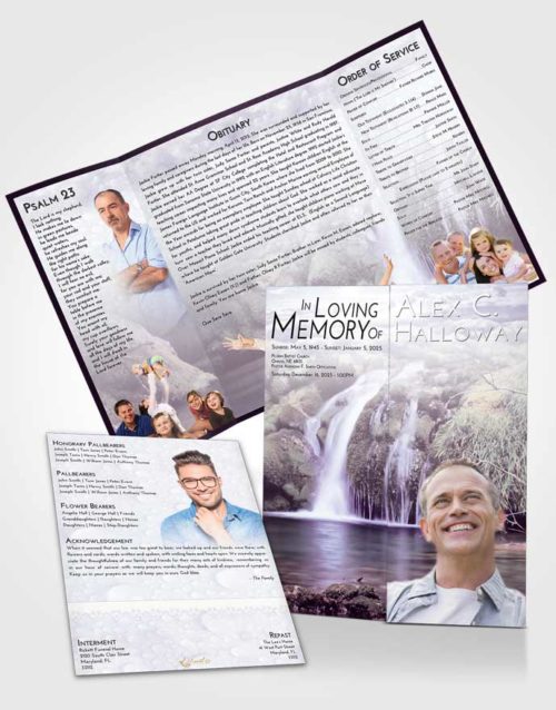 Obituary Funeral Template Gatefold Memorial Brochure Lavender Sunrise Waterfall Paradise