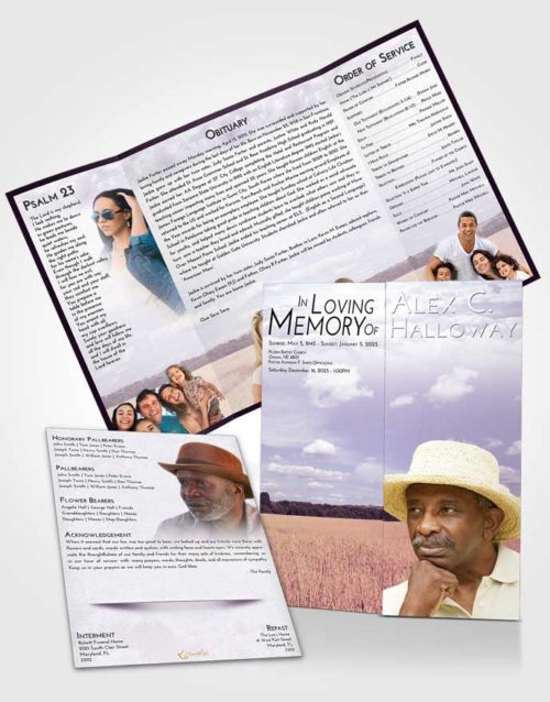 Obituary Funeral Template Gatefold Memorial Brochure Lavender Sunrise Wheat Serenity