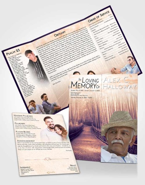 Obituary Funeral Template Gatefold Memorial Brochure Lavender Sunset Bamboo Forest