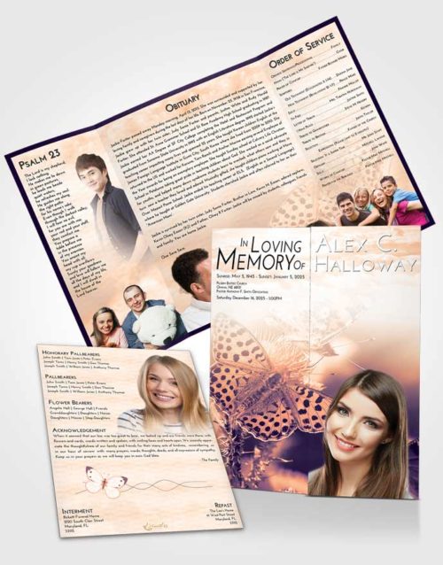 Obituary Funeral Template Gatefold Memorial Brochure Lavender Sunset Butterfly Peace
