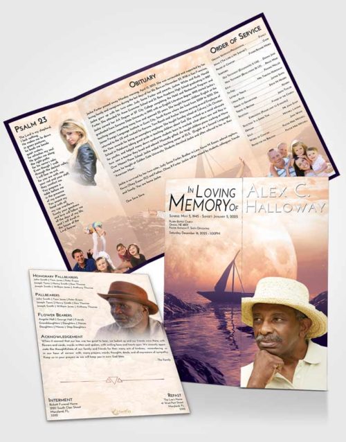 Obituary Funeral Template Gatefold Memorial Brochure Lavender Sunset Calm Waters