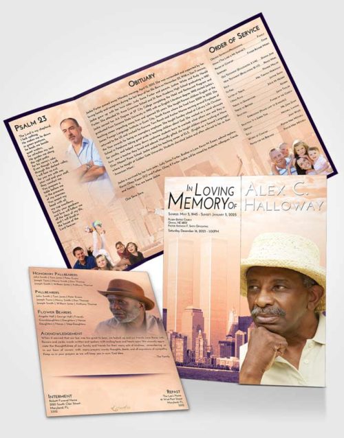 Obituary Funeral Template Gatefold Memorial Brochure Lavender Sunset Cityscape